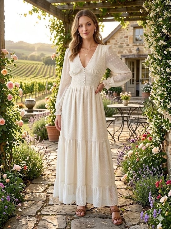 Patrons of Peace Dresses & Skirts - Patrons of Peace Altura Dress Maxi Coquette Milkmaid Tiered Cream Swiss Dot Sz S